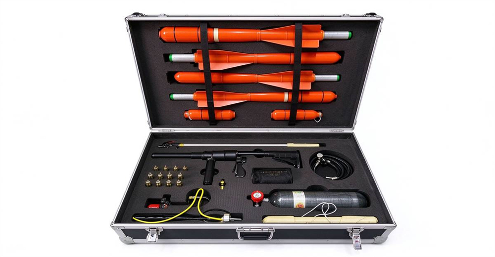 Anchor hook pneumatic line thrower in open aluminum case with rockets, grappling hook and CO2 cartridges manufactured by YRF China supplier as complete rescue equipment for government and NGO procurement