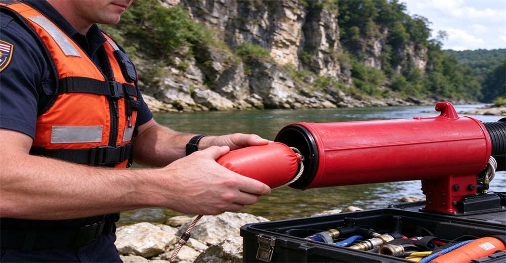 Rescuer loading red buoyant cartridge into anchor hook pneumatic line thrower at cliff river bank, black equipment case, canyon river background, rescue operation