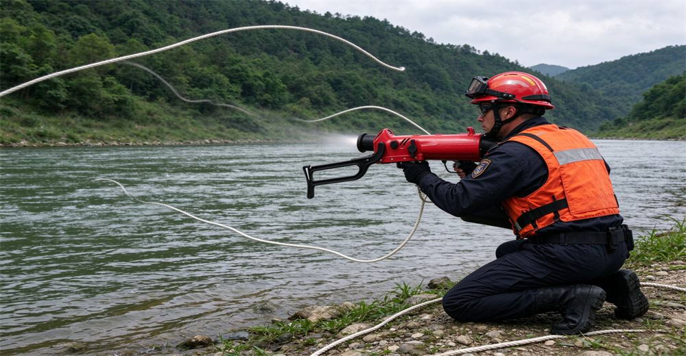 Rescuer aiming pneumatic line thrower across wide forested river during professional flood and river rescue operations across wide water gaps with reinforced materials tested for repeated rescue missions