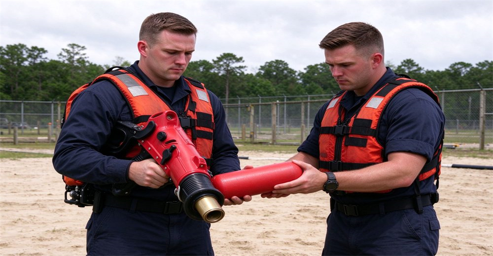 Two rescuers checking portable pneumatic line thrower at sand training field, one holding launcher down, one passing red cartridge, fence and trees background