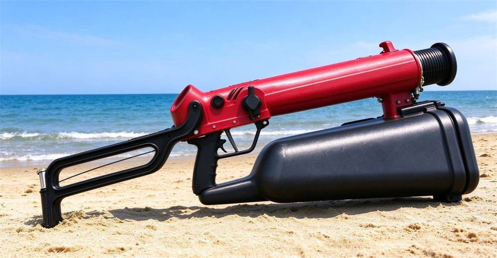 Red pneumatic line thrower on sandy beach blue ocean macro detail showing durable construction for long service life in professional water rescue operations