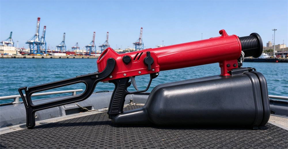 Pneumatic line thrower staged on work boat deck in harbor operations during professional flood and river rescue operations across wide water gaps Pneumatic line thrower staged on work boat deck in harbor operations during professional flood and river rescue operations across wide water gaps