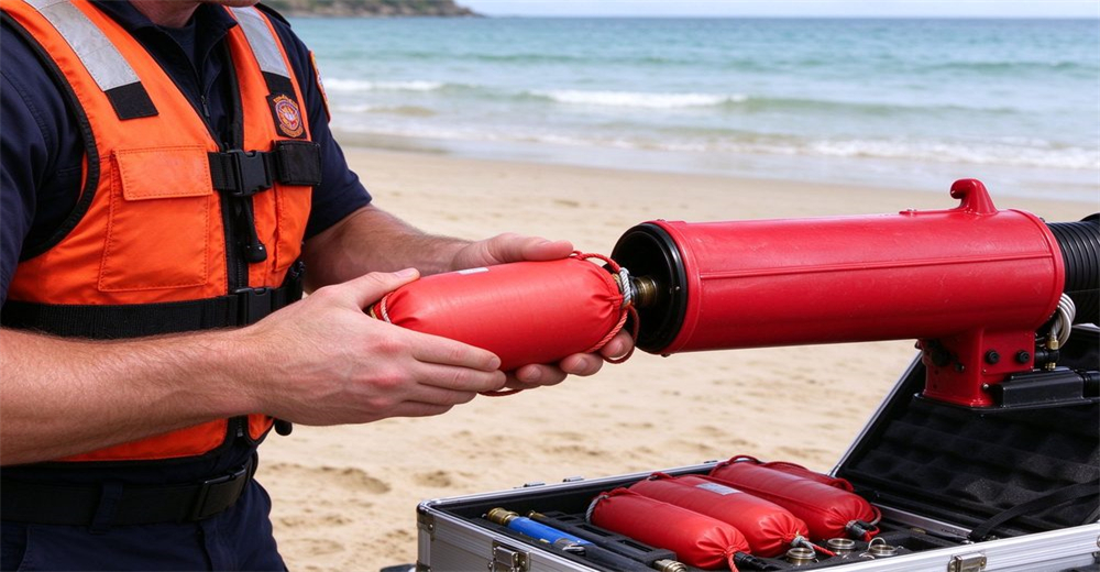 Rescuer loading red buoyant cartridge into portable pneumatic line thrower at beach, silver equipment case with cartridges beside, sea waves background Rescuer loading red buoyant cartridge into portable pneumatic line thrower at beach, silver equipment case with cartridges beside, sea waves background