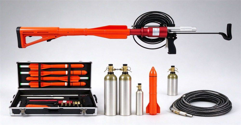 Portable pneumatic line thrower kit in aluminum case on light gray background, CO2 cartridges and rope inside manufactured by YRF China supplier as complete rescue equipment for government and NGO procurement Portable pneumatic line thrower kit in aluminum case on light gray background, CO2 cartridges and rope inside manufactured by YRF China supplier as complete rescue equipment for government and NGO procurement