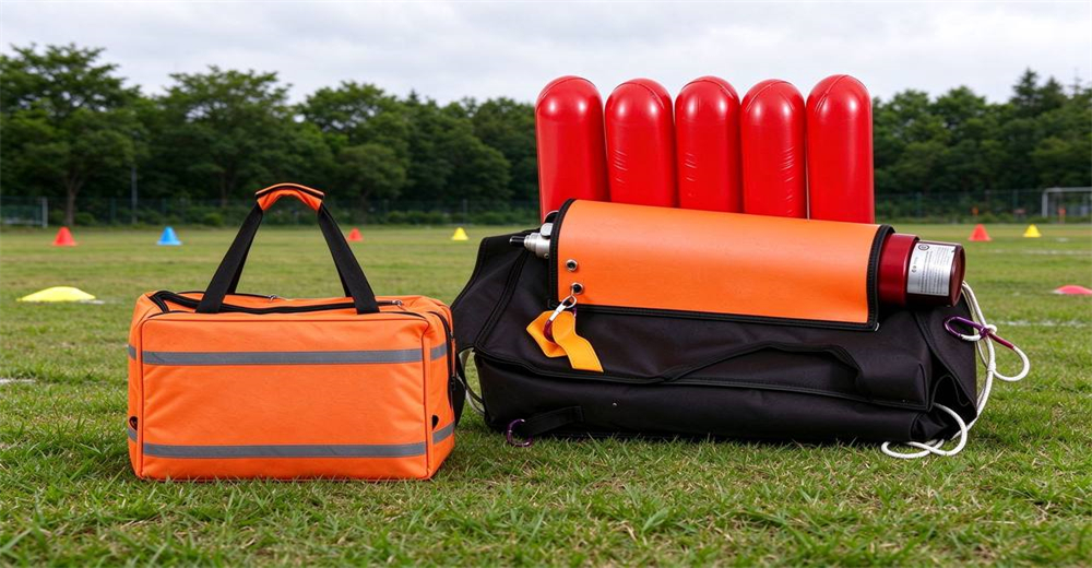 Pneumatic line thrower training kit laid out on grass field with orange backpack and red cartridges during professional flood and river rescue operations across wide water gaps Pneumatic line thrower training kit laid out on grass field with orange backpack and red cartridges during professional flood and river rescue operations across wide water gaps