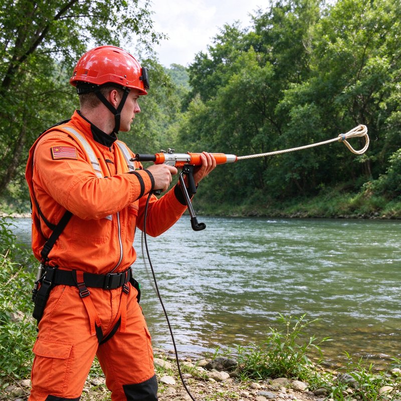 Rescue technician holding line throwing apparatus preparing for water rescue operation beside river Rescue technician holding line throwing apparatus preparing for water rescue operation beside river