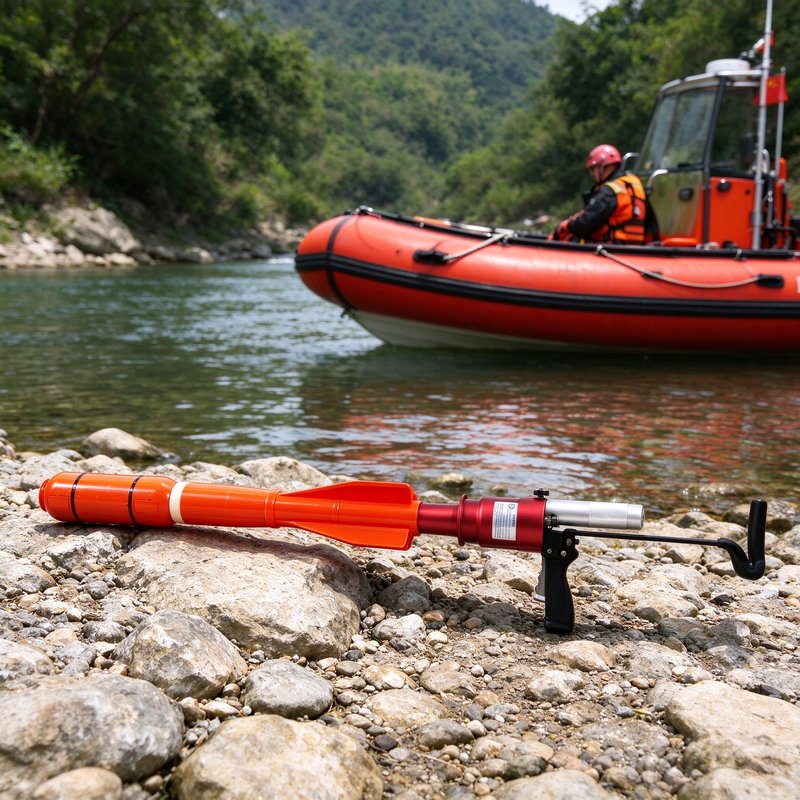 Line throwing apparatus placed on river shore rocks with inflatable rescue boat in background Line throwing apparatus placed on river shore rocks with inflatable rescue boat in background