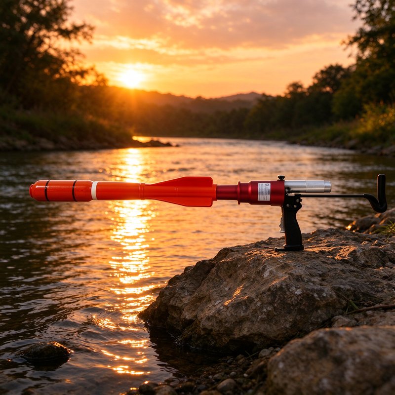 Line throwing apparatus resting on riverside rock under sunset glow over river water