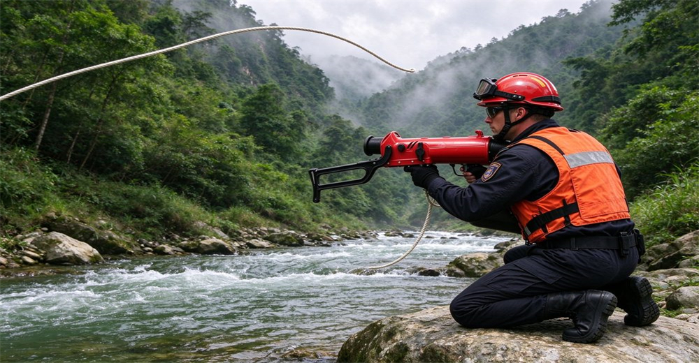 Rescuer kneels on river rock and aims red pneumatic line thrower across rushing mountain river
