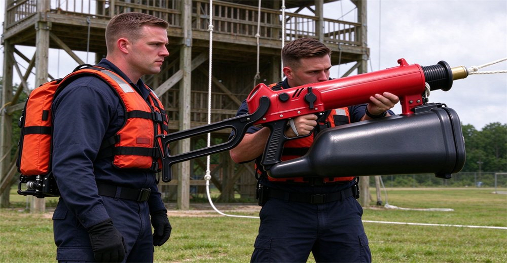 Two rescuers training at rope tower field with anchor hook pneumatic line thrower rope drill, wooden climbing tower and grass background, professional drill Two rescuers training at rope tower field with anchor hook pneumatic line thrower rope drill, wooden climbing tower and grass background, professional drill