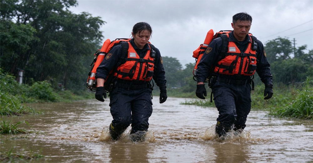 Rescue team deploying pneumatic line thrower in muddy flood water during professional flood and river rescue operations across wide water gaps with reinforced materials tested for repeated rescue missions
