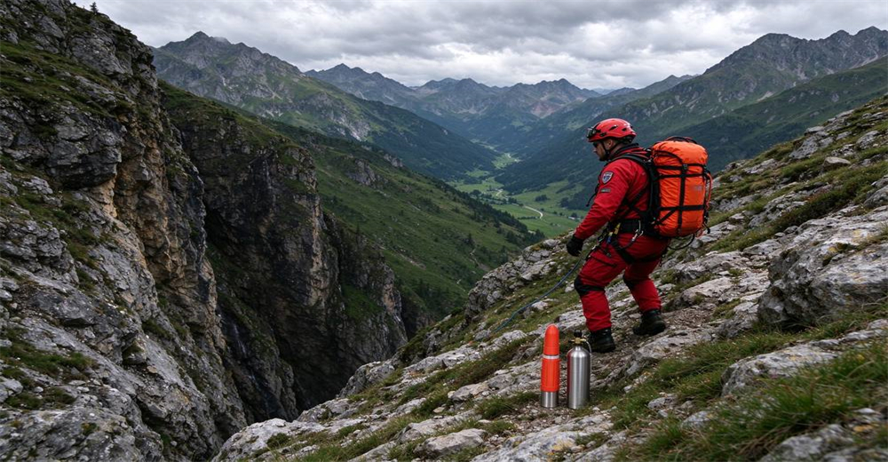 Pneumatic line thrower rescuer carrying kit in mountain gorge during professional flood and river rescue operations across wide water gaps with reinforced materials tested for repeated rescue missions