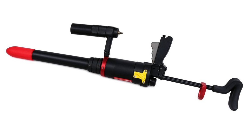 Compact black portable anchor hook pneumatic rescue pneumatic line thrower macro detail showing durable construction for long service life in professional water rescue operations