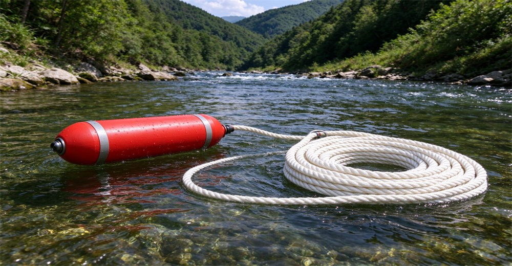 Red buoyant cartridge and white rope floating in clear mountain stream for anchor hook pneumatic line thrower rescue, green forest valley background
