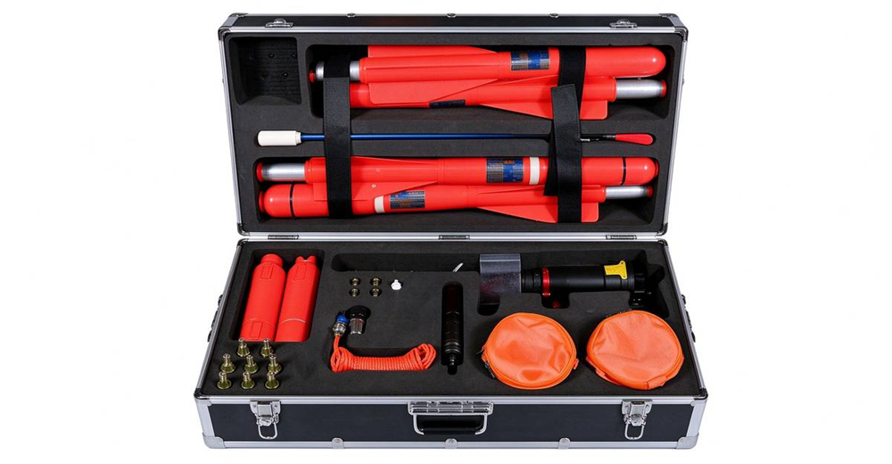 Compact anchor hook pneumatic line thrower in open aluminum case with rockets and rescue equipment manufactured by YRF China supplier as complete rescue equipment for government and NGO procurement Compact anchor hook pneumatic line thrower in open aluminum case with rockets and rescue equipment manufactured by YRF China supplier as complete rescue equipment for government and NGO procurement