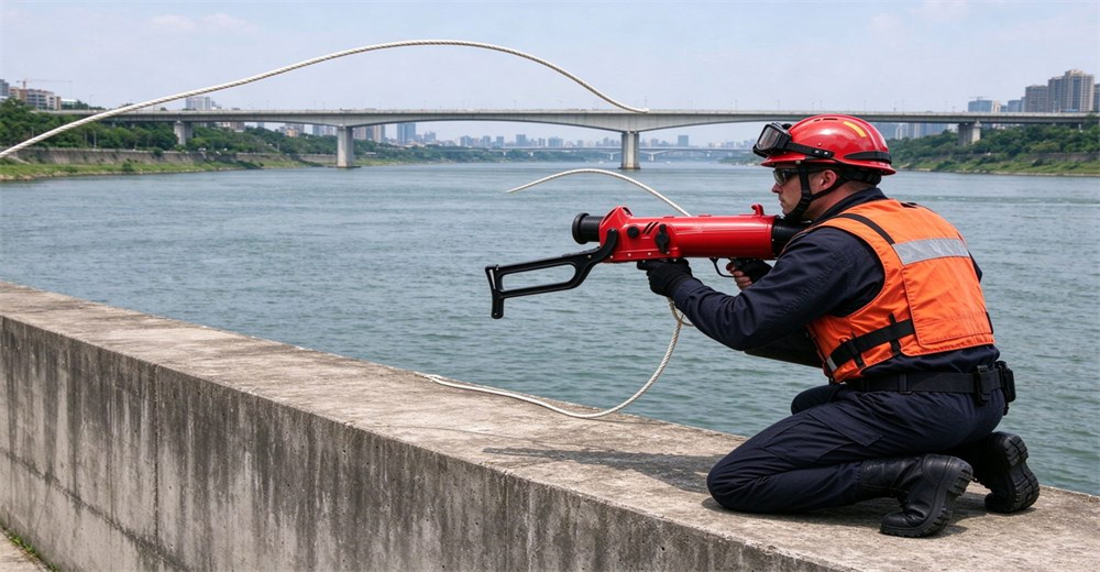 Rescuer kneeling on concrete embankment aiming long distance pneumatic line thrower across wide river, city bridge background, rope flight, rescue operation