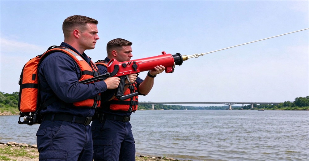 Two rescuers practicing with long distance pneumatic line thrower at wide river bank, one operating launcher shooting rope, one assisting, bridge background Two rescuers practicing with long distance pneumatic line thrower at wide river bank, one operating launcher shooting rope, one assisting, bridge background