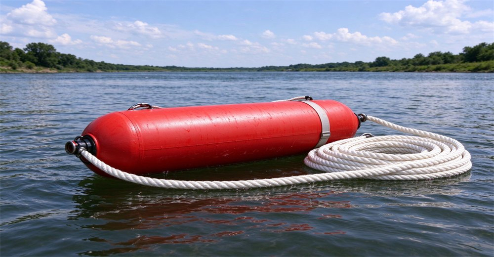 Red buoyant cartridge and white rope floating in open water for long distance pneumatic line thrower, wide river surface, far green banks and blue sky Red buoyant cartridge and white rope floating in open water for long distance pneumatic line thrower, wide river surface, far green banks and blue sky