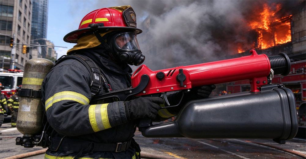Firefighter holding pneumatic line thrower near building smoke during professional flood and river rescue operations across wide water gaps with reinforced materials tested for repeated rescue missions Firefighter holding pneumatic line thrower near building smoke during professional flood and river rescue operations across wide water gaps with reinforced materials tested for repeated rescue missions