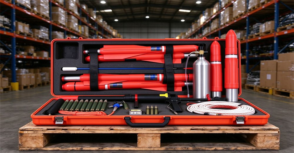Long distance pneumatic line thrower kit on pallet in warehouse, hard equipment case with launcher cartridges and rope, storage racks background Long distance pneumatic line thrower kit on pallet in warehouse, hard equipment case with launcher cartridges and rope, storage racks background