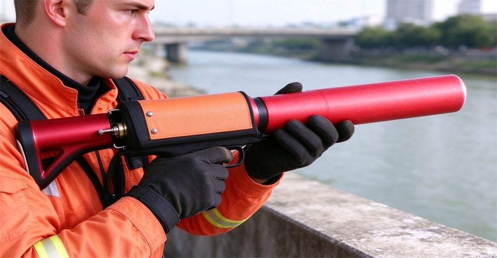 Macro close-up of rescuer loading red cartridge into long distance pneumatic line thrower at embankment, blurred river background, gloved hands Macro close-up of rescuer loading red cartridge into long distance pneumatic line thrower at embankment, blurred river background, gloved hands