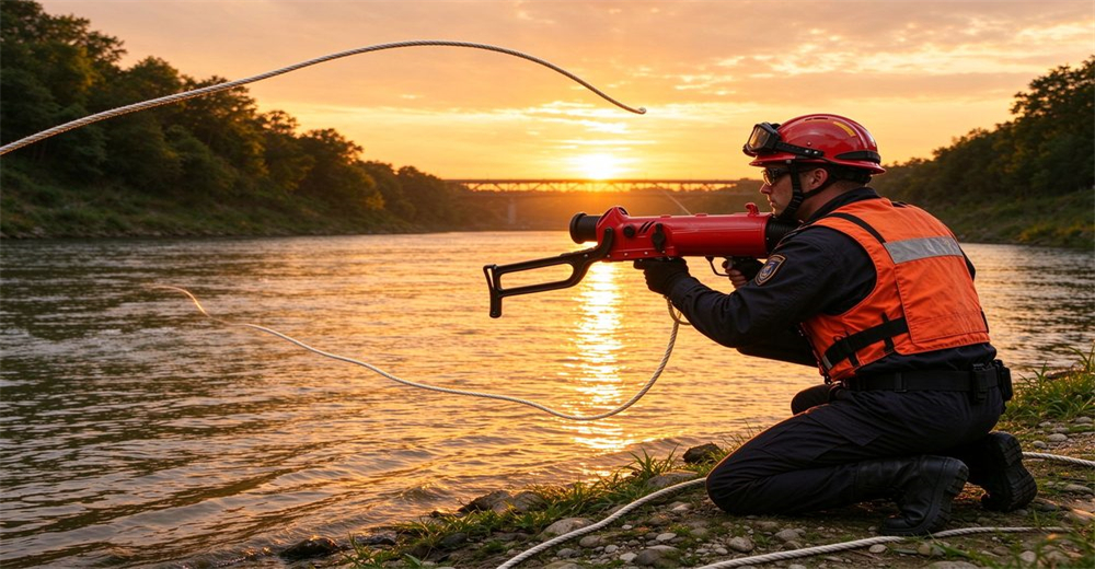 Rescuer kneeling on river bank aiming flagship pneumatic line thrower in golden dusk light, rope flight over river, bridge shadow background, rescue operation
