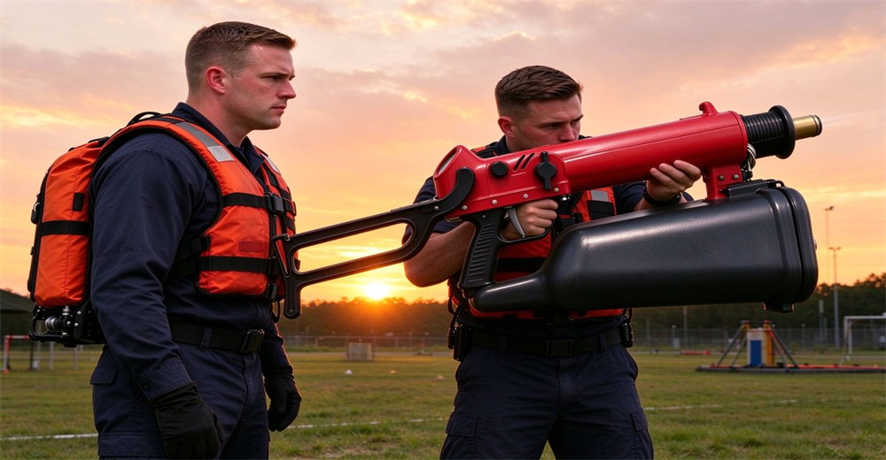 Two rescuers training at dusk field with flagship pneumatic line thrower, one operating large launcher, one observing, sunset and training facility background Two rescuers training at dusk field with flagship pneumatic line thrower, one operating large launcher, one observing, sunset and training facility background