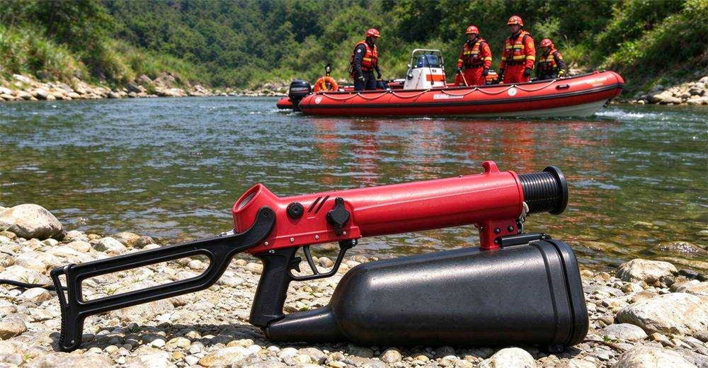 American pneumatic line thrower on rocky riverbank with rescue boat in distance macro detail showing durable construction for long service life in professional water rescue operations American pneumatic line thrower on rocky riverbank with rescue boat in distance macro detail showing durable construction for long service life in professional water rescue operations