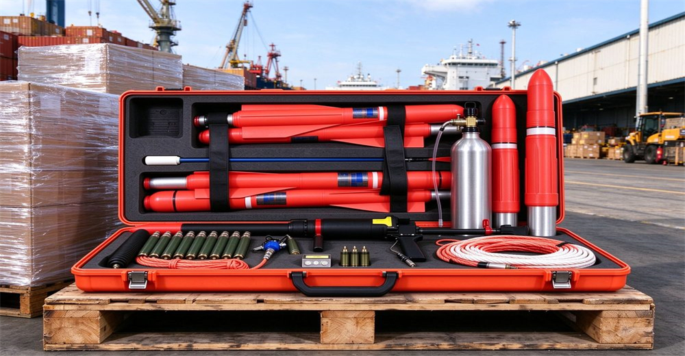 Flagship pneumatic line thrower kit on pallet at export dock, hard case with launcher and accessories, port crane and stacked pallets background Flagship pneumatic line thrower kit on pallet at export dock, hard case with launcher and accessories, port crane and stacked pallets background
