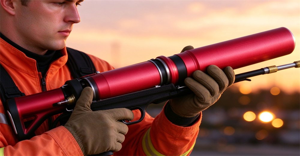 Macro close-up loading red cartridge into flagship pneumatic line thrower in dusk light, gloved hands, blurred golden bokeh background designed for professional flood and river rescue operations across wide water gaps during emergency response Macro close-up loading red cartridge into flagship pneumatic line thrower in dusk light, gloved hands, blurred golden bokeh background designed for professional flood and river rescue operations across wide water gaps during emergency response