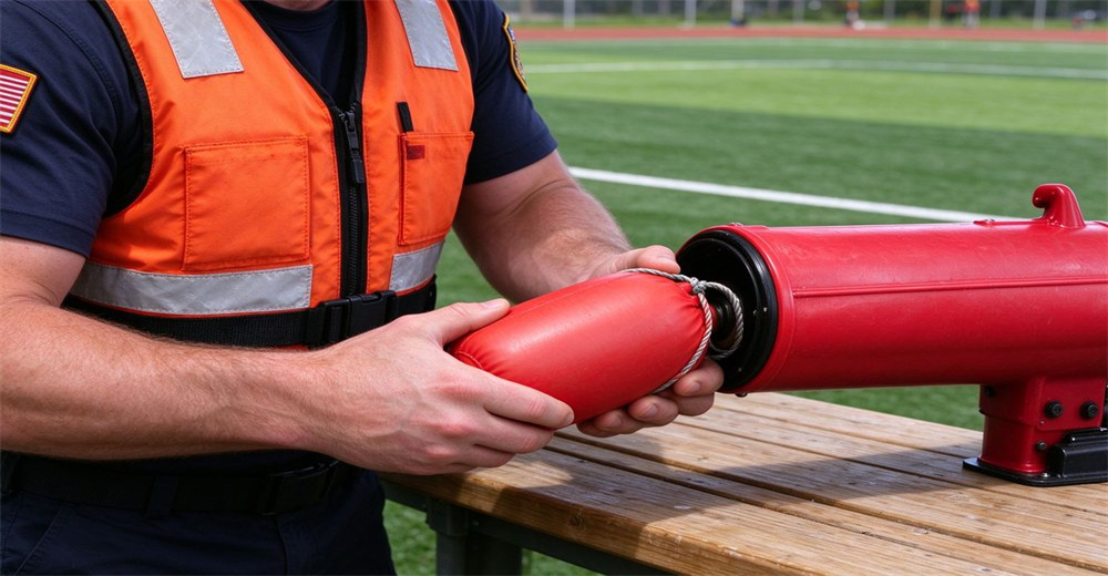 Rescuer loading red buoyant cartridge into flagship pneumatic line thrower on training bench, green drill field background, rescue equipment operation Rescuer loading red buoyant cartridge into flagship pneumatic line thrower on training bench, green drill field background, rescue equipment operation
