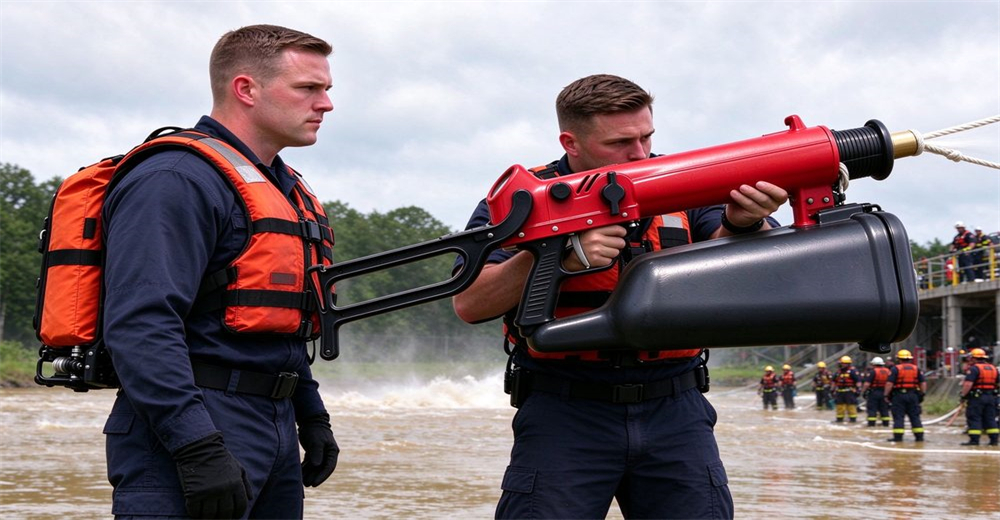 Two rescuers at large flood drill with ultra long distance pneumatic line thrower, one operating launcher with rope, one observing, flood simulation area background