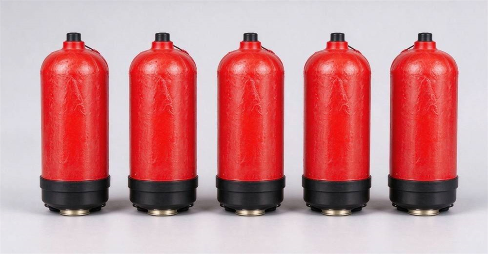 Pneumatic line thrower red buoy cartridges row macro detail showing durable construction for long service life in professional water rescue operations with reinforced materials tested for repeated rescue missions Pneumatic line thrower red buoy cartridges row macro detail showing durable construction for long service life in professional water rescue operations with reinforced materials tested for repeated rescue missions