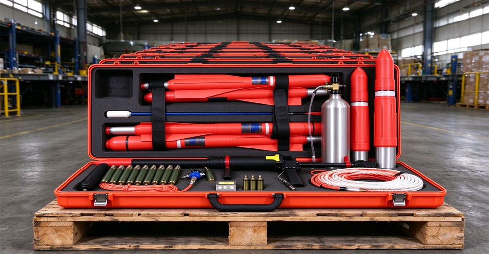 Ultra long distance pneumatic line thrower kit on large pallet in industrial warehouse, multiple hard cases with launchers cartridges and ropes Ultra long distance pneumatic line thrower kit on large pallet in industrial warehouse, multiple hard cases with launchers cartridges and ropes