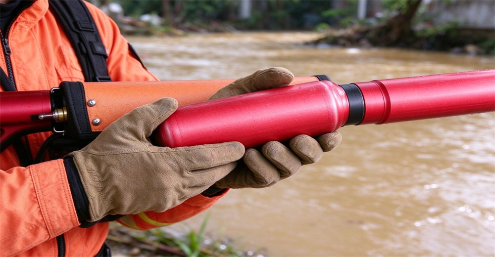 Macro close-up of rescuer loading red cartridge into ultra long distance pneumatic line thrower at flood zone, blurred flood water background, gloved hands Macro close-up of rescuer loading red cartridge into ultra long distance pneumatic line thrower at flood zone, blurred flood water background, gloved hands