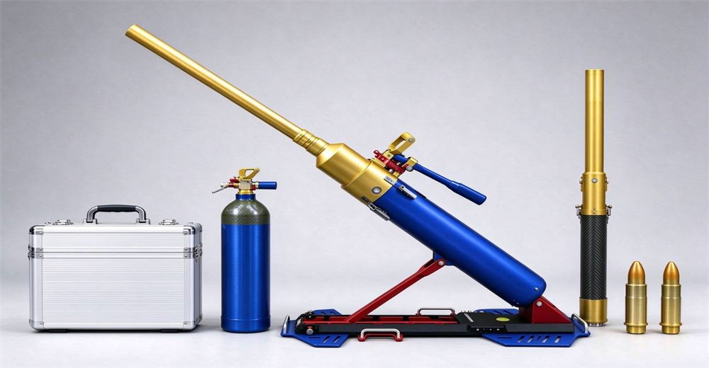 Ultra long range 640m pneumatic line thrower with golden stand macro detail showing durable construction for long service life in professional water rescue operations Ultra long range 640m pneumatic line thrower with golden stand macro detail showing durable construction for long service life in professional water rescue operations
