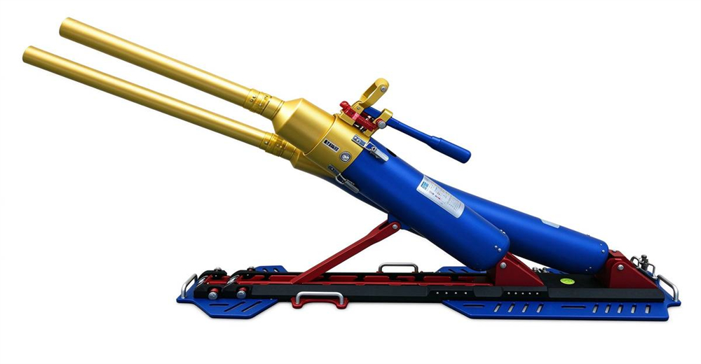 Extreme range dual barrel pneumatic line thrower on 5-position adjustable base macro detail showing durable construction for long service life in professional water rescue operations Extreme range dual barrel pneumatic line thrower on 5-position adjustable base macro detail showing durable construction for long service life in professional water rescue operations