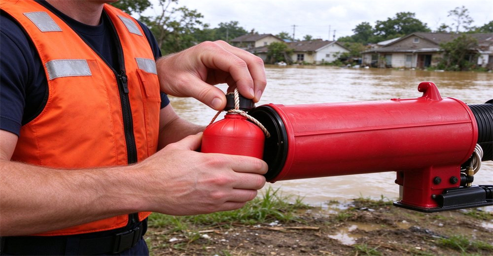 Rescuer loading red buoyant cartridge into ultra long distance pneumatic line thrower at flood area bank, flooded houses background, no vehicles Rescuer loading red buoyant cartridge into ultra long distance pneumatic line thrower at flood area bank, flooded houses background, no vehicles