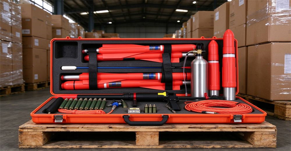 Pneumatic line thrower kit in orange hard case on warehouse pallet manufactured by YRF China supplier as complete rescue equipment for government and NGO procurement Pneumatic line thrower kit in orange hard case on warehouse pallet manufactured by YRF China supplier as complete rescue equipment for government and NGO procurement